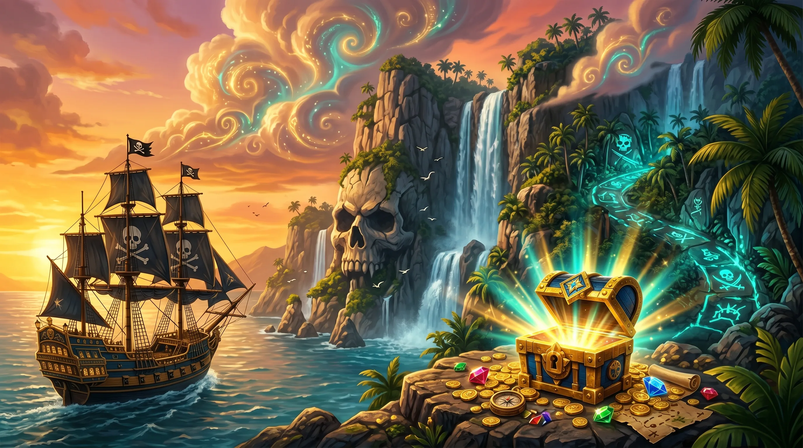 Cinematic key art of Pirate Treasure Island with the hidden island, ship, routes, and glowing treasure.