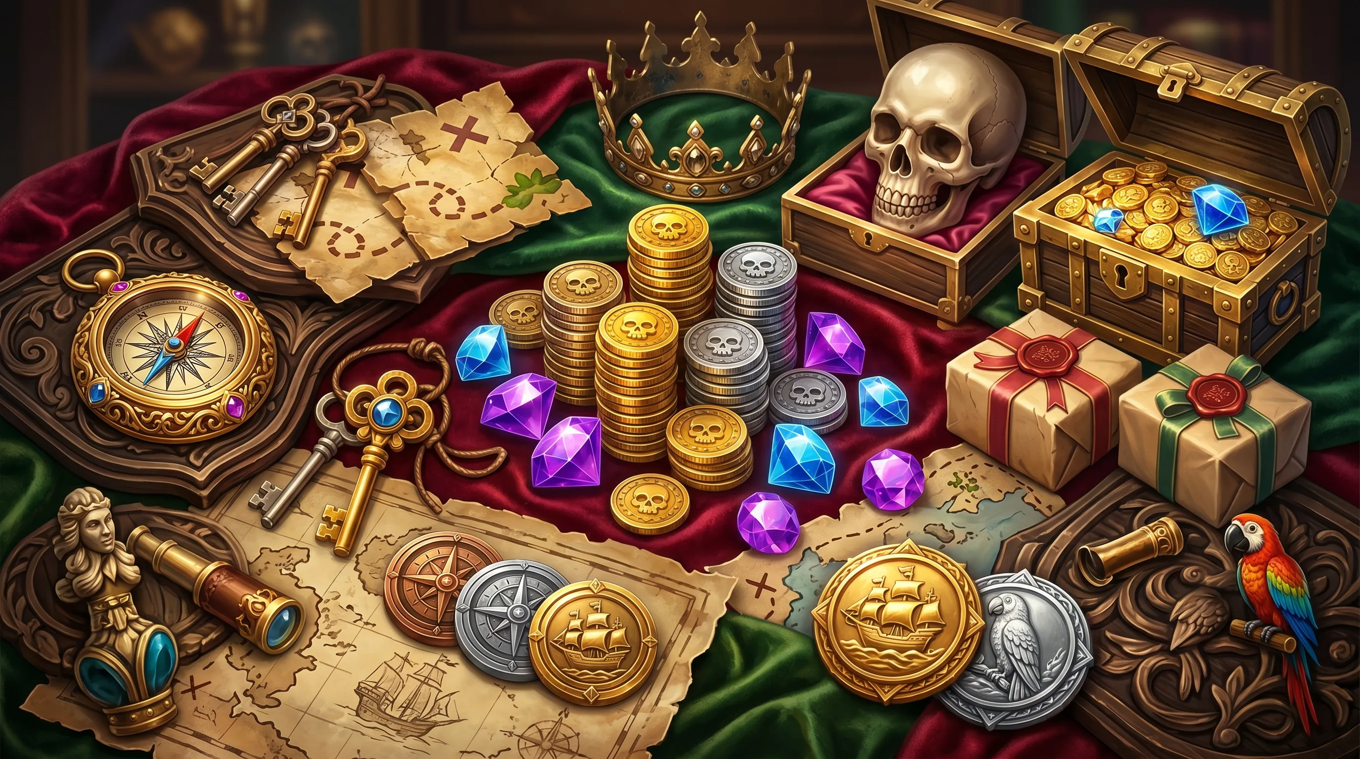 A collectible collage of Pirate Treasure Island relics including coins, gems, key, compass, crown, skull, chest, gifts, medals, and shop objects.