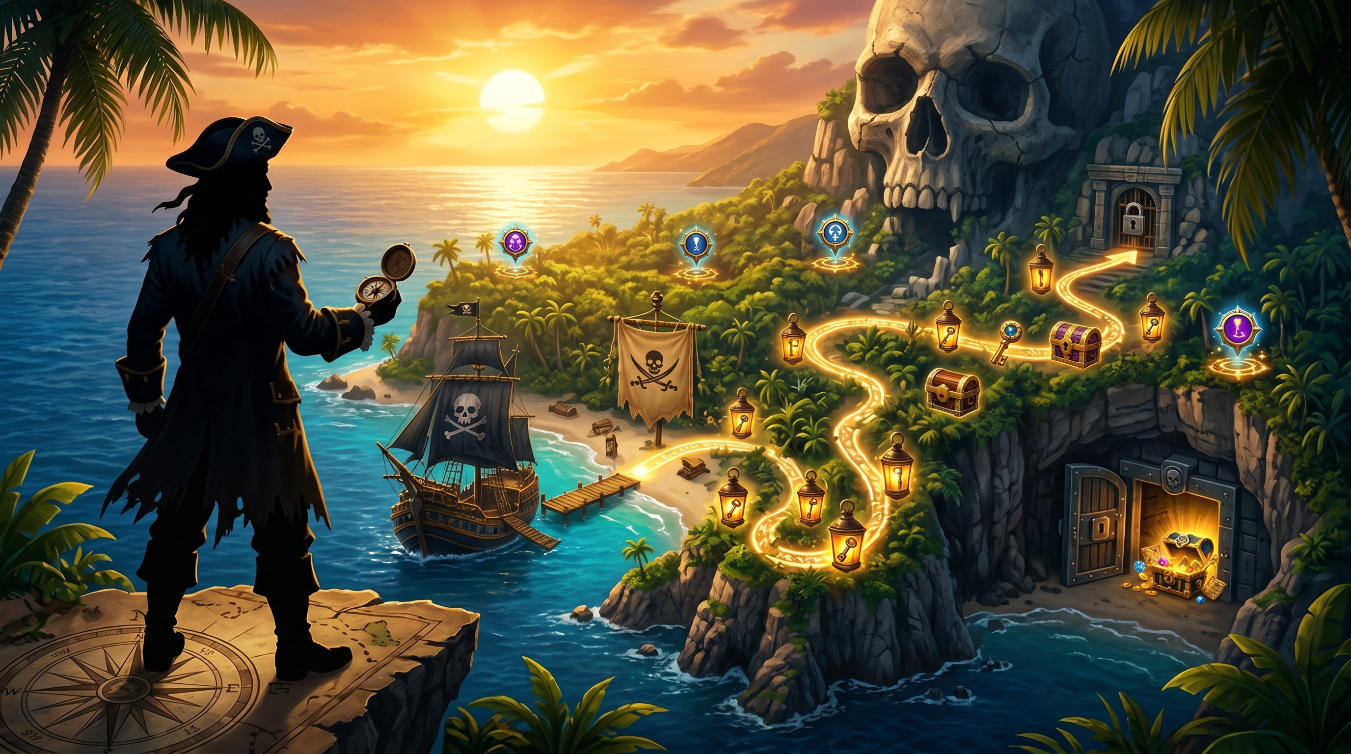 Story scene showing pirate captain, quest markers, reward lanterns, harbor leaderboard banner, and glowing route toward the vault.