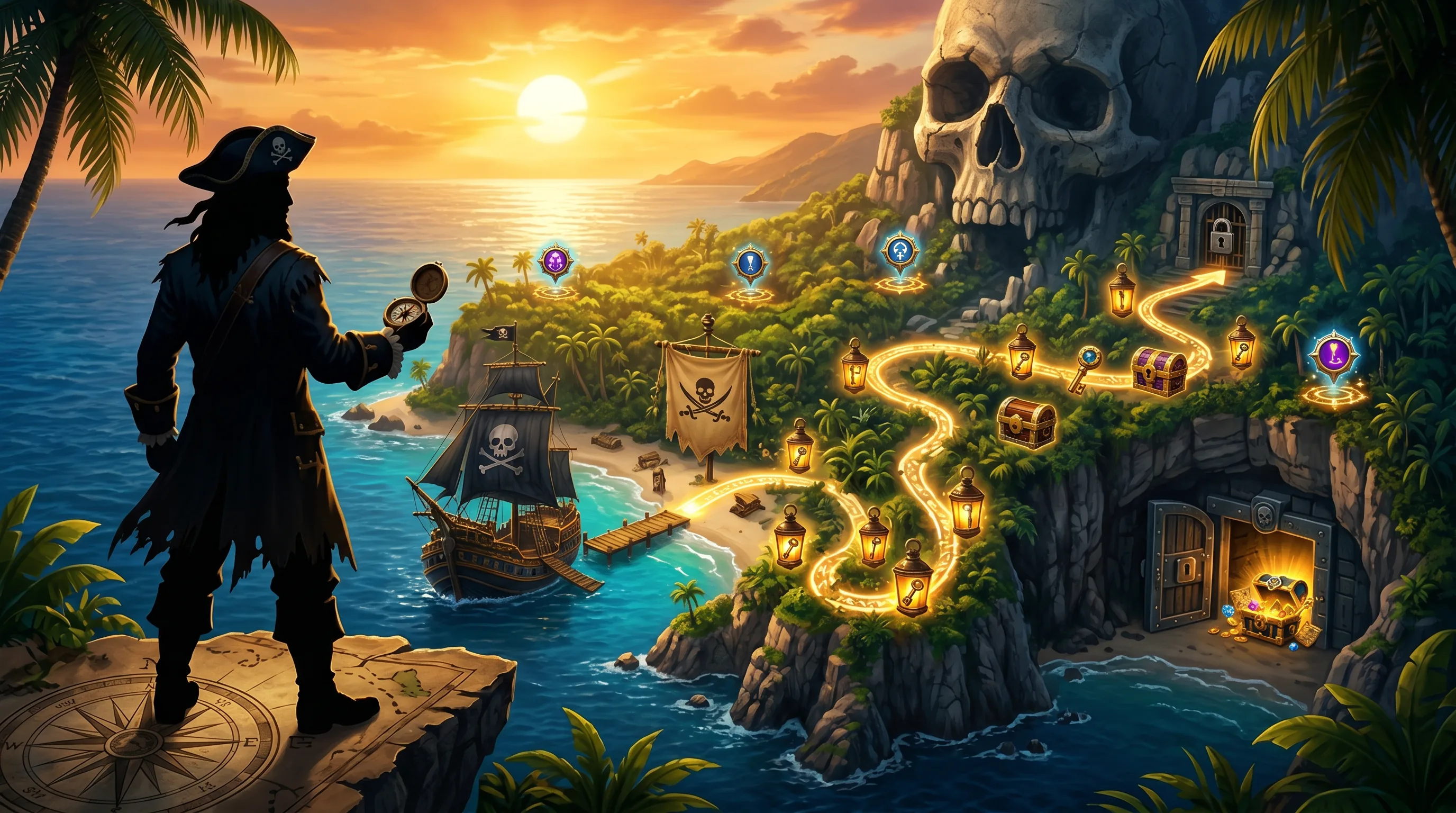 Story scene showing pirate captain, quest markers, reward lanterns, harbor leaderboard banner, and glowing route toward the vault.