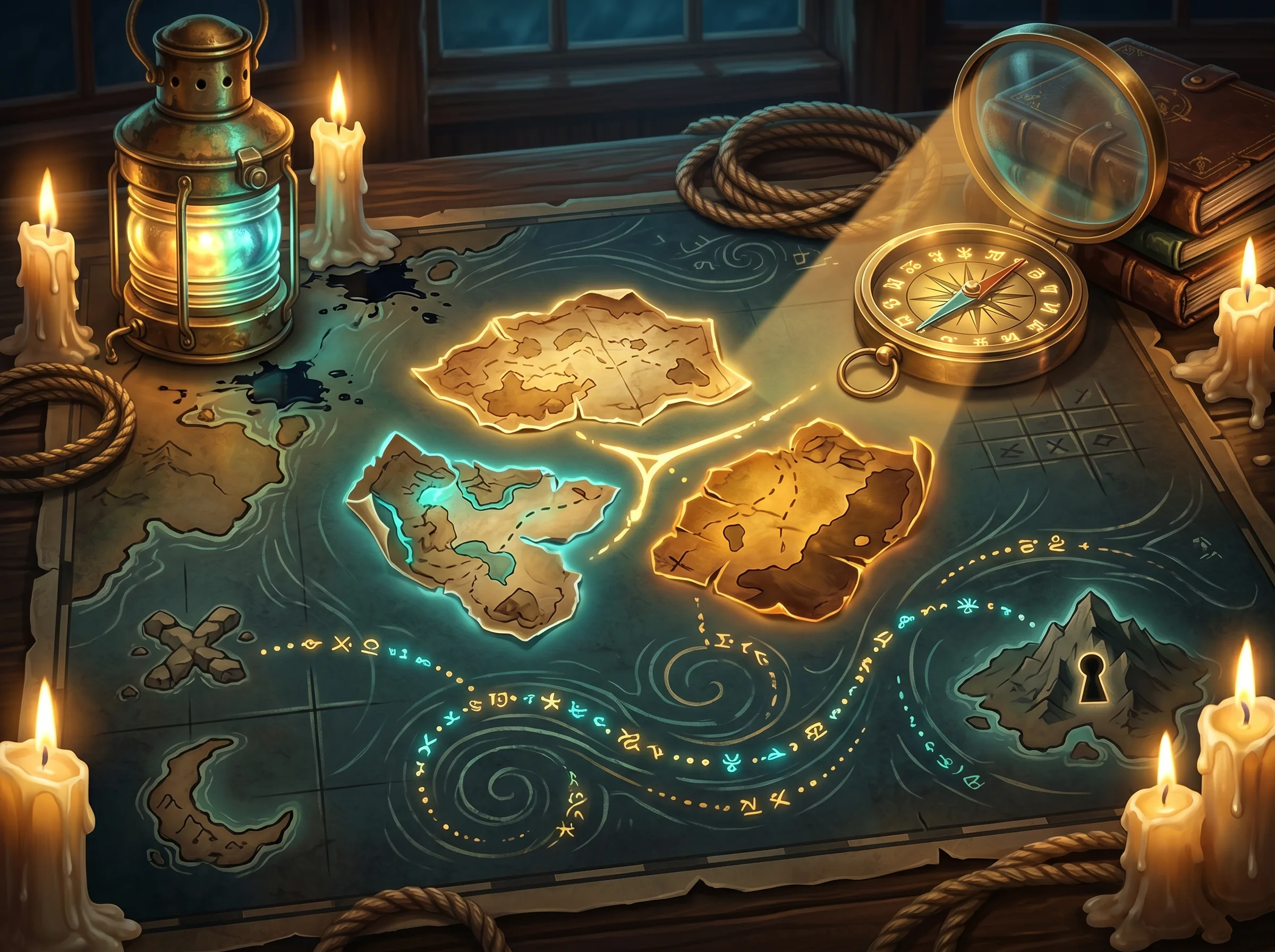 Three glowing map fragments on a pirate chart table with compass light and hidden treasure routes.