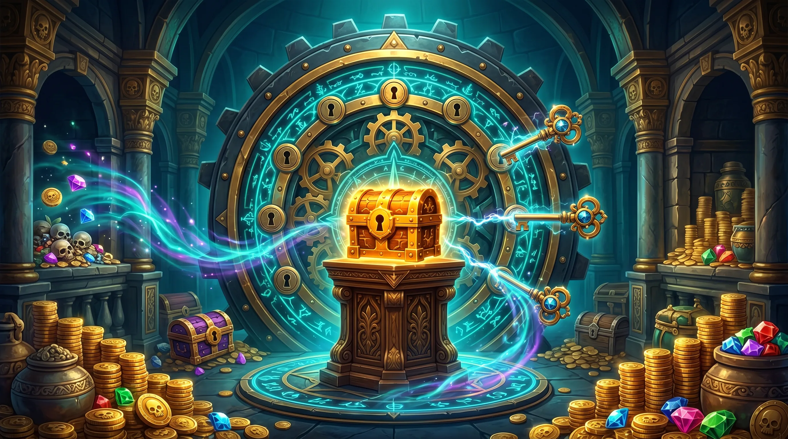 A glowing pirate vault chamber with layered locks, treasure chest, gems, keys, and reward energy.